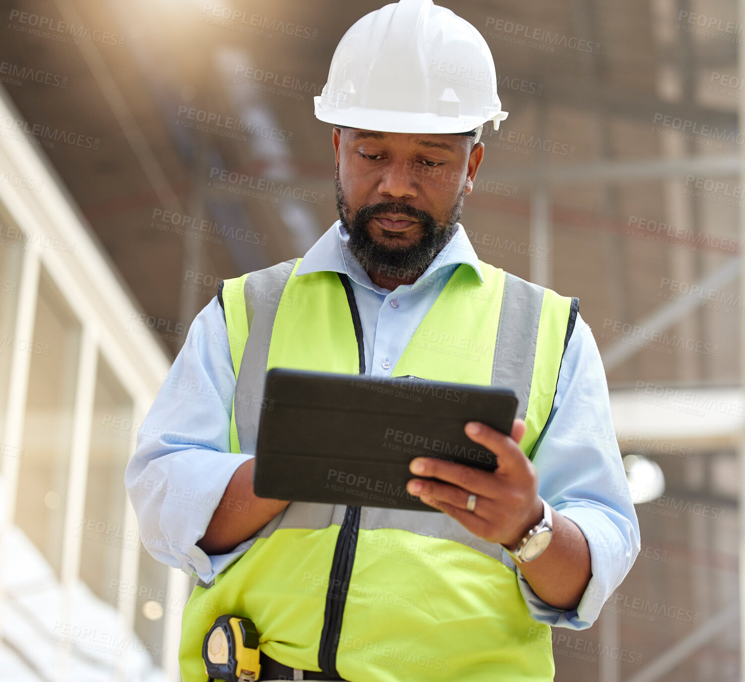 Buy stock photo Tablet, engineering man and construction worker for online project management, building progress and floor plan. African person in architecture design on digital tech, renovation or industry software