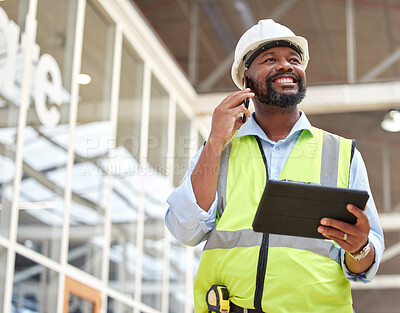 Buy stock photo Phone call, black man and engineer with tablet for talking, planning and working on construction project. African architect, mobile technology and happy contractor on internet, email and thinking.