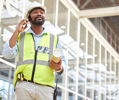Buy stock photo Phone call, black man and architect with blueprint, talking and planning to work on construction project. African engineer, mobile technology and contractor speaking, communication and discussion.