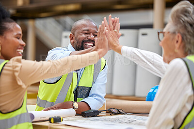 Buy stock photo High five, meeting and architecture people with meeting success, blueprint collaboration and teamwork or support. Project management, floor plan and women, man or group hands together for engineering