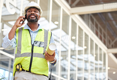 Buy stock photo Architecture, black man or engineer on a phone call conversation for building construction. Blueprint, industrial or African designer in a discussion networking or speaking of engineering project