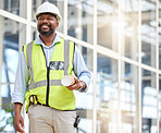 Black man, blueprint or construction manager walking in building site for project management. Engineering, contractor or designer thinking of floor plan for architecture, development and innovation