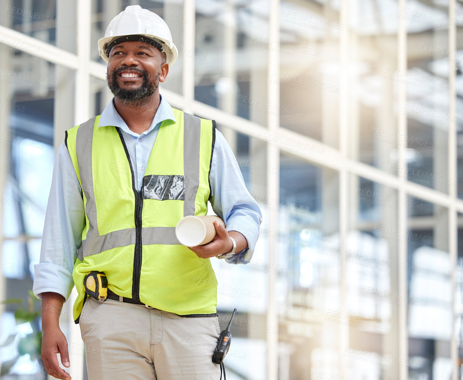 Buy stock photo Black man, blueprint or construction manager walking in building site for project management. Engineering, contractor or designer thinking of floor plan for architecture, development and innovation