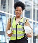 Black woman, blueprint or portrait of architect on construction site for project management. Engineering, confident or happy designer with floor plan for architecture, development or innovation 