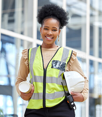 Buy stock photo Black woman, blueprint or portrait of architect on construction site for project management. Engineering, confident or happy designer with floor plan for architecture, development or innovation 