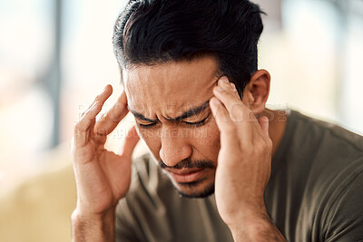 Buy stock photo Man, headache and pain in home from stress, mental health fatigue and mind problem. Face, sick and depression of frustrated male person in anxiety, brain fog and dizzy from failure, worry and vertigo