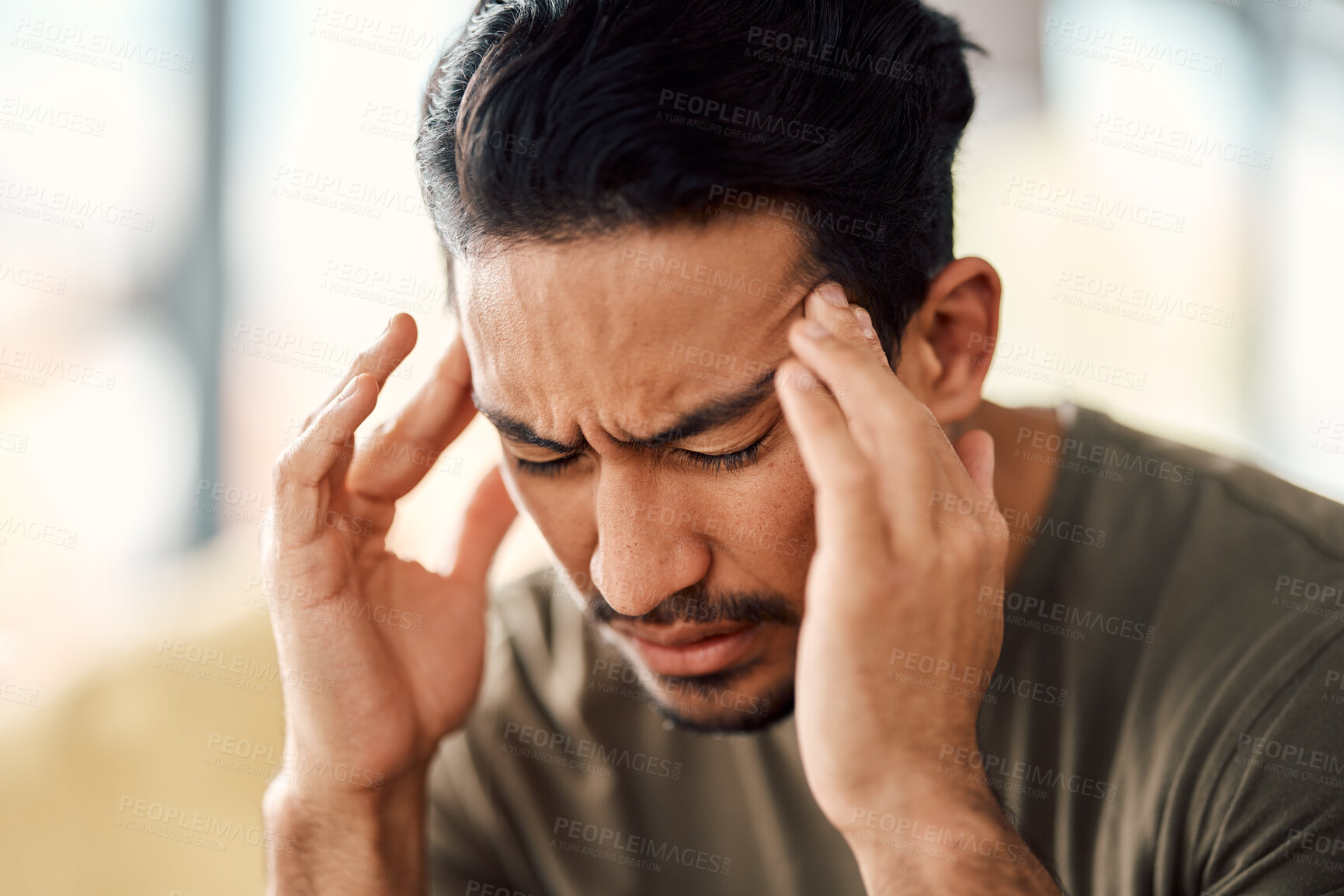 Buy stock photo Man, headache and pain in home from stress, mental health fatigue and mind problem. Face, sick and depression of frustrated male person in anxiety, brain fog and dizzy from failure, worry and vertigo