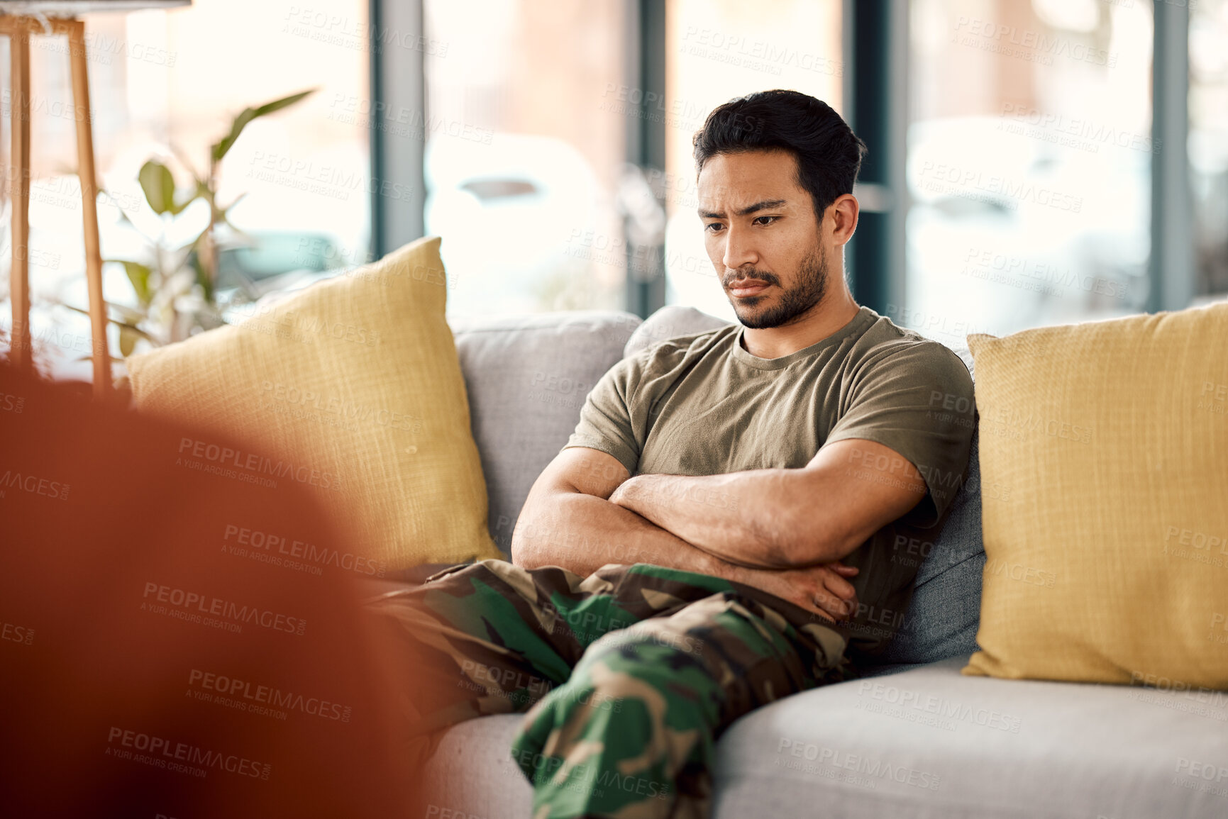 Buy stock photo Sad, therapy and a military man with a psychologist for counselling, depression and psychology. Young army, veteran or soldier person with a therapist for mental health, consultation or help