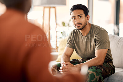 Buy stock photo Listen, therapy and a military man with a psychologist for counselling, support and psychology. Young army, veteran or soldier person on therapist couch for mental health, consultation or help