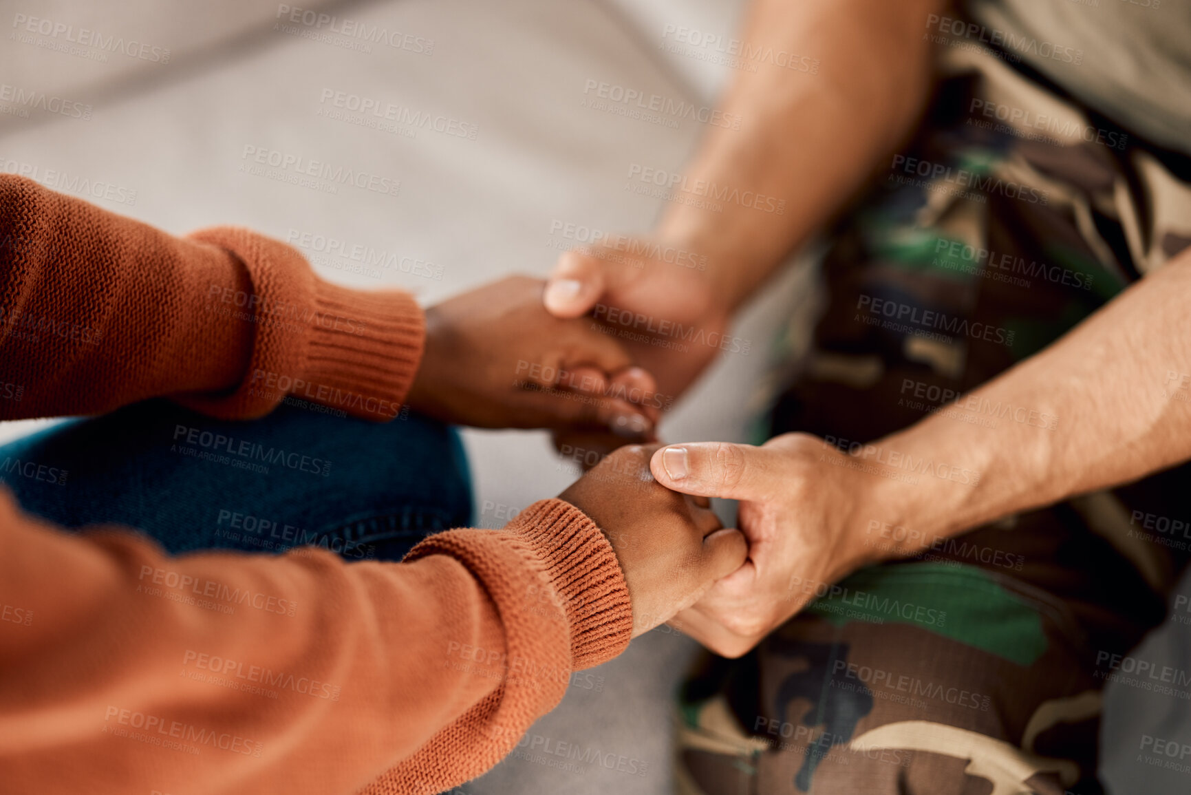 Buy stock photo Soldier in counselling, man and woman holding hands in marriage, comfort and home coming. Support, trust and empathy, veteran in therapy with partner, helping hand and love in army mental health.