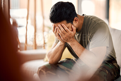 Buy stock photo Man with trauma, stress and mental health, sad with problem and therapy, depressed and thinking about abuse. Male person in crisis, depression and pain at home, burnout and anxiety with psychology