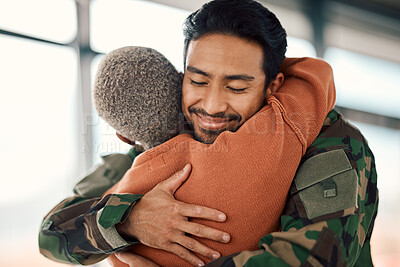 Buy stock photo Love, hug and a man soldier with his wife in the airport after returning home from war service as a patriot. Smile, military or army with a happy couple embracing as a welcome to safety and security