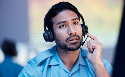 Buy stock photo Security guard, monitor problem and man watching screen relax on the job for building tech. Surveillance, safety talking and live streaming watch of a employee checking the system for danger
