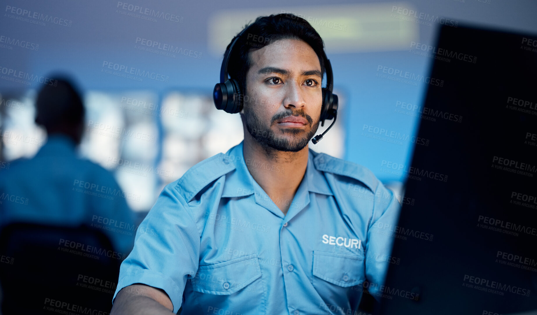 Buy stock photo Security guard, monitor and worker man watching screen relax on the job for building protection. Surveillance, safety application and live streaming watch of a employee checking the system for danger