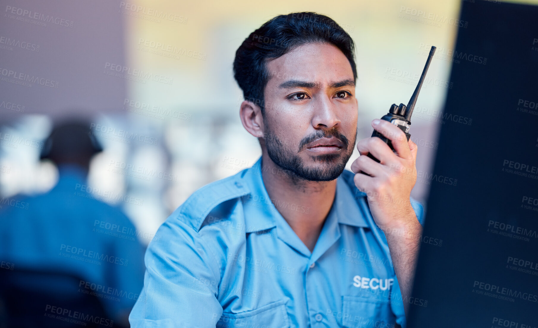 Buy stock photo Security dispatch man, computer and walkie talkie communication, speaking and monitor crisis, CCTV or surveillance. Emergency radio, support consultation and crime safety person focus on problem