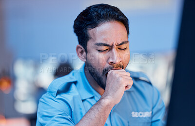 Buy stock photo Security officer, man and tired at work with uniform or late night working for career in protection. Exhausted, safety professional and guard with yawn or guy during shift at desk with burnout.
