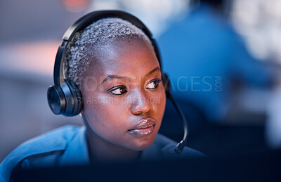 Buy stock photo Safety, security or woman in call center for emergency or legal service thinking of danger in office at night. Worker, law patrol or face of female police contact agent with headset for communication