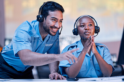 Buy stock photo Security, surveillance and a man training a black woman in a control room for safety or law enforcement. Teamwork, office and headset with a private guard team watching a monitor for crime prevention