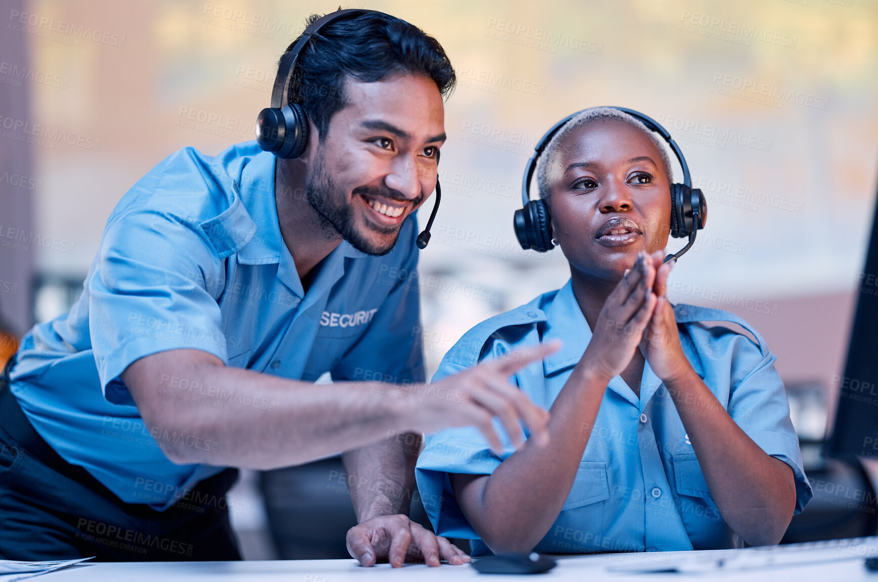 Buy stock photo Security, surveillance and a man training a black woman in a control room for safety or law enforcement. Teamwork, office and headset with a private guard team watching a monitor for crime prevention