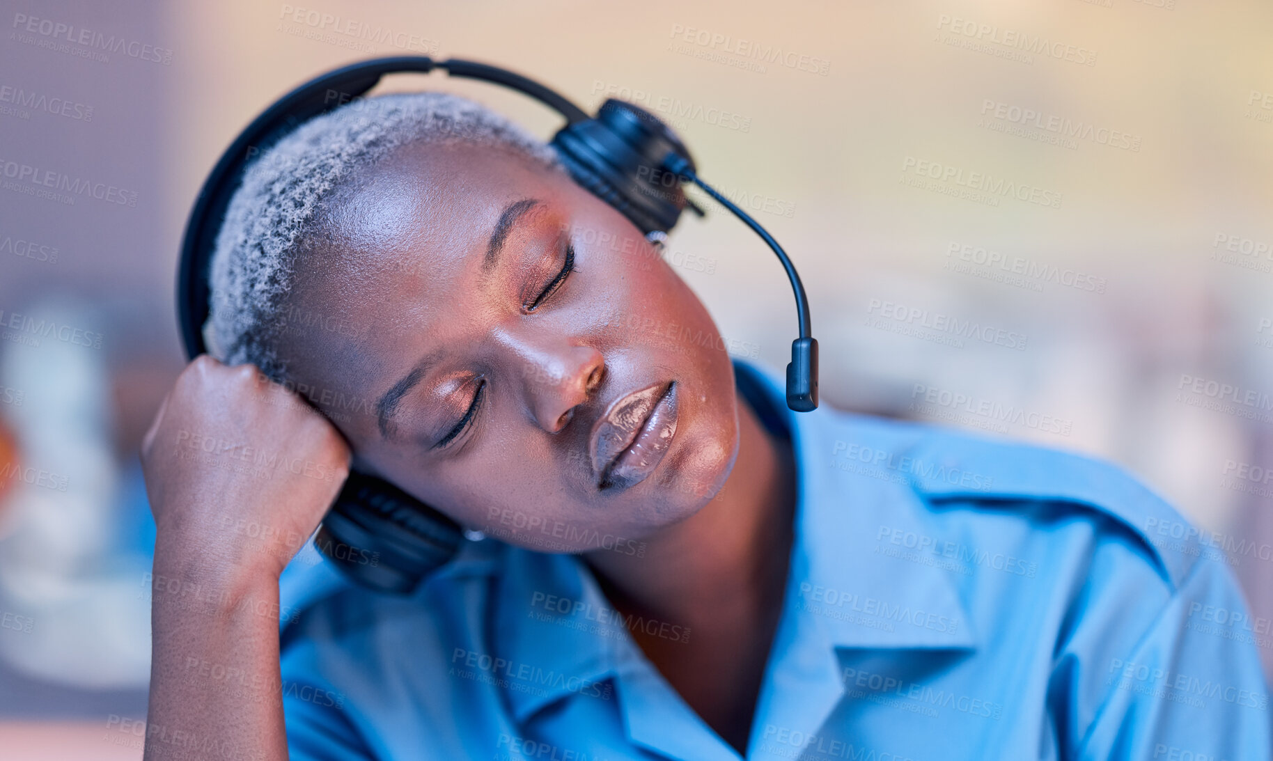 Buy stock photo Tired, call center and black woman sleeping with headset during telemarketing work at night. Contact us, burnout and African customer service employee with fatigue while in an office for consulting