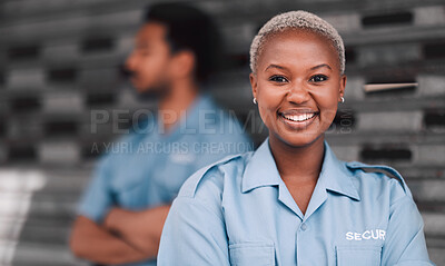 Buy stock photo Portrait, security or safety and a happy black woman in the city with a man colleague on the street. Law enforcement, smile and duty with a crime prevention unit working as a team in an urban town
