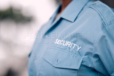 Buy stock photo Uniform, security guard and  in closeup for protection from crime with worker for safety in mock up background. Duty, service and bodyguard with uniform for patrol or defence for career at agency.