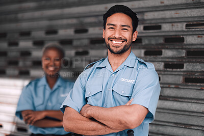 Buy stock photo Portrait, security or safety and a happy man arms crossed with a black woman colleague on the street. Law enforcement, smile and duty with a crime prevention unit working as a team in the city