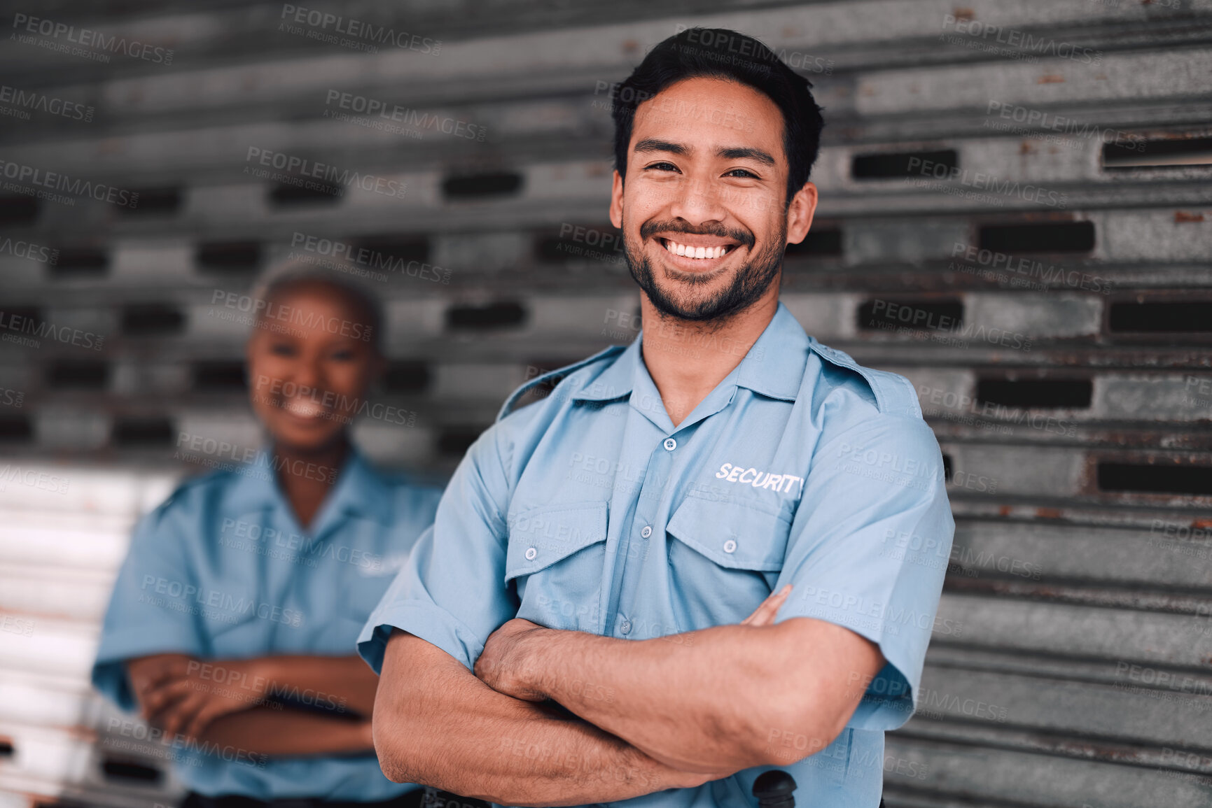 Buy stock photo Portrait, security or safety and a happy man arms crossed with a black woman colleague on the street. Law enforcement, smile and duty with a crime prevention unit working as a team in the city