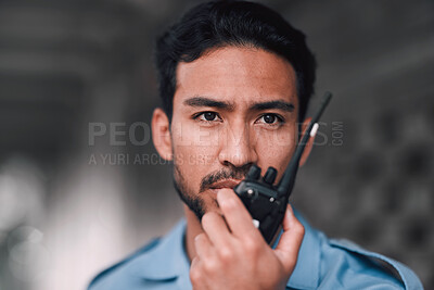 Buy stock photo Security guard, walkie talkie or safety officer man outdoor for protection, patrol or watch. Law enforcement, serious face and duty with a crime prevention male worker in uniform for communication