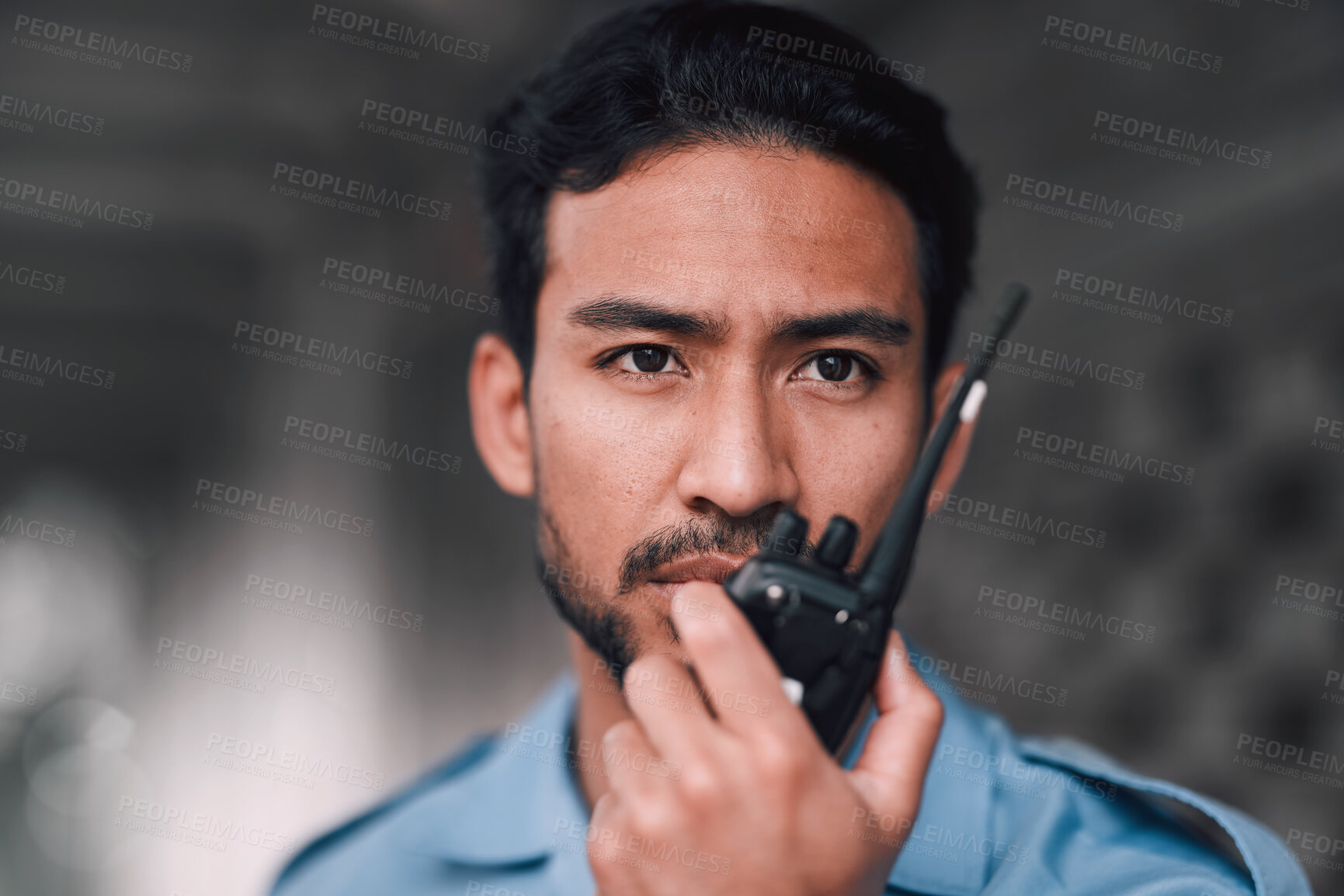 Buy stock photo Security guard, walkie talkie or safety officer man outdoor for protection, patrol or watch. Law enforcement, serious face and duty with a crime prevention male worker in uniform for communication