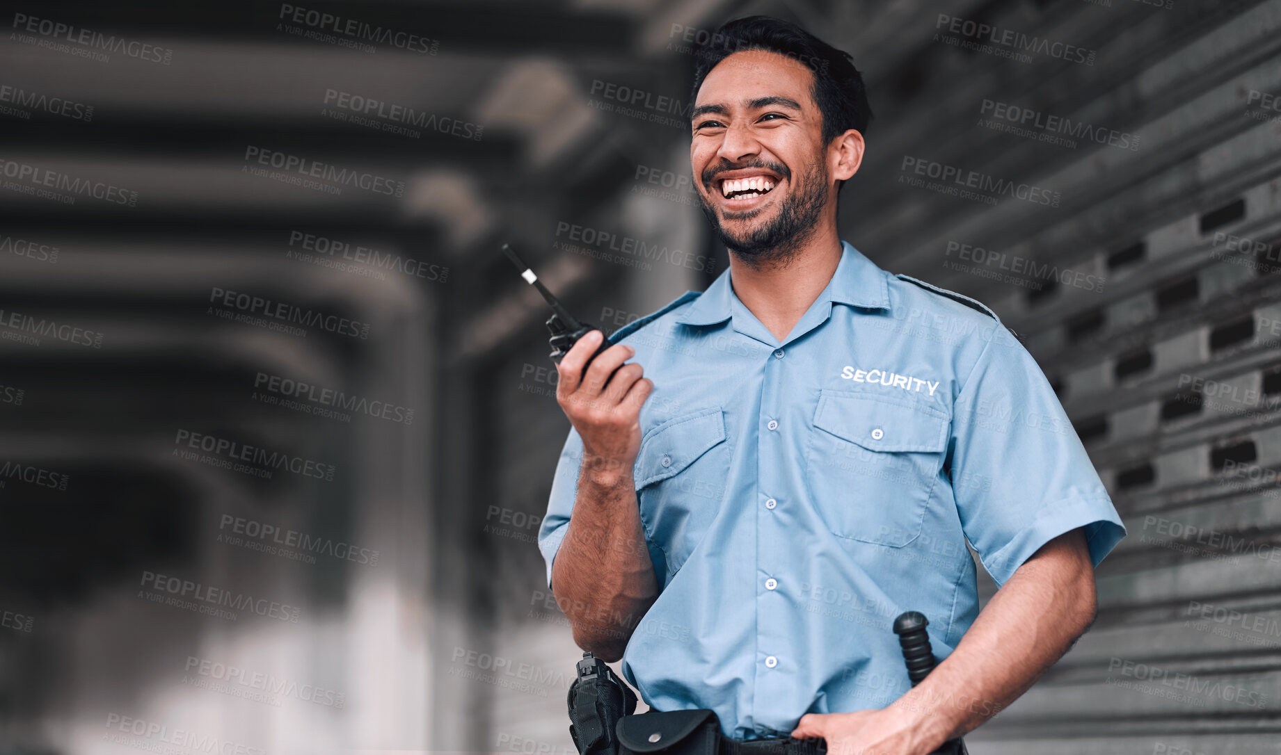 Buy stock photo Security guard, safety officer and man with walkie talkie on street for protection, patrol or watch. Law enforcement, laugh and duty with a crime prevention male worker in uniform for communication