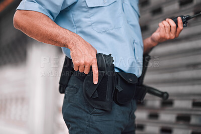 Buy stock photo Closeup, law or police officer with a gun, safety or career with legal enforcement, armed or crime. Zoom, man or security guard with service weapon, protection or danger with walkie talkie or uniform