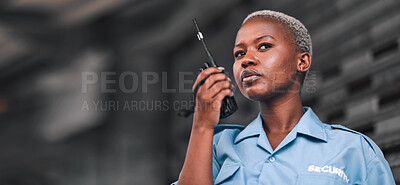 Buy stock photo Security, radio and a black woman police officer in the city during her patrol for safety or law enforcement. Walkie talkie, communication and service with a female guard on a street in an urban town