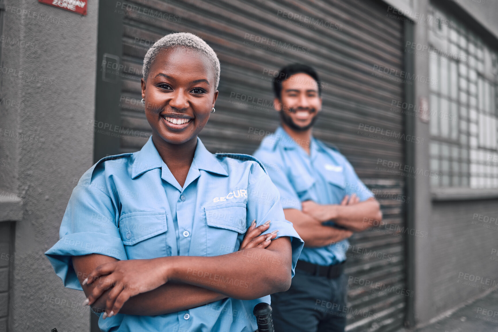 Buy stock photo Team, security guard or safety officer portrait on the street for protection, patrol or watch. Law enforcement, smile and duty with a crime prevention unit man and woman in uniform in the city