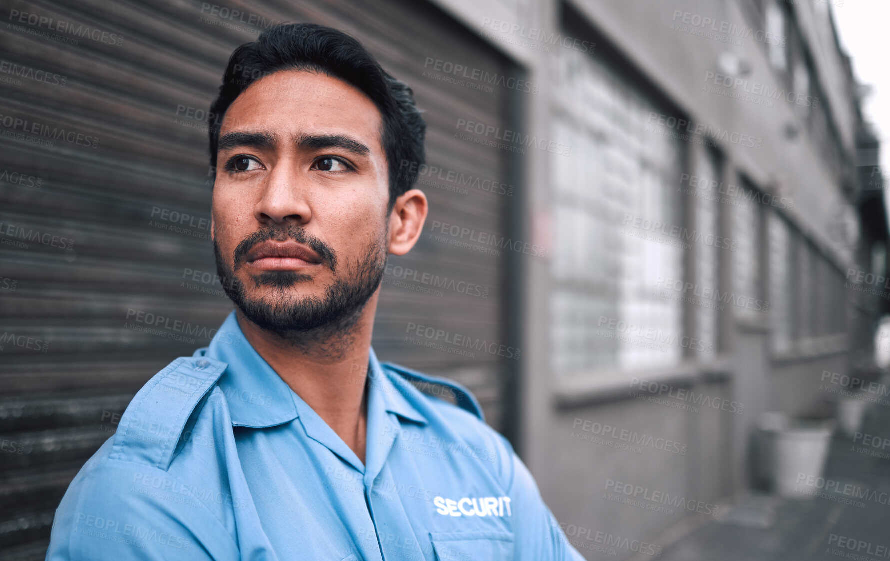 Buy stock photo Serious, security guard or safety officer man on the street for protection, patrol or watch. Law enforcement, focus and duty with a crime prevention male worker in uniform in the city