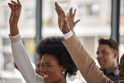 Buy stock photo Happy business people, black woman or hands up in seminar for participation or learning skills. Vote, smile or audience asking questions in group mentorship, training or coaching in workshop together