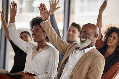 Buy stock photo Happy business people, workshop or hands up for participation in seminar for learning skills in office. Vote, men or women in audience together for group mentorship, training or coaching in workplace