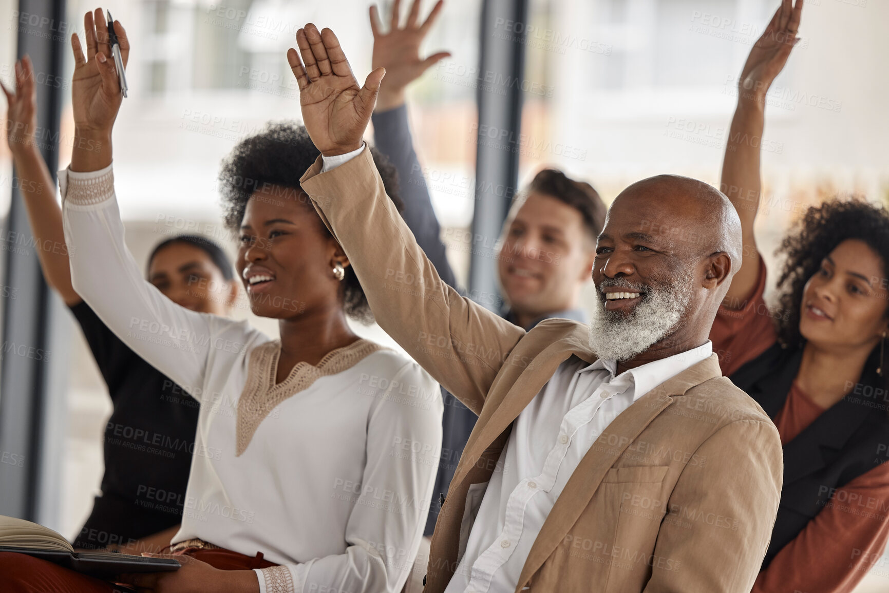 Buy stock photo Happy business people, workshop or hands up for participation in seminar for learning skills in office. Vote, men or women in audience together for group mentorship, training or coaching in workplace