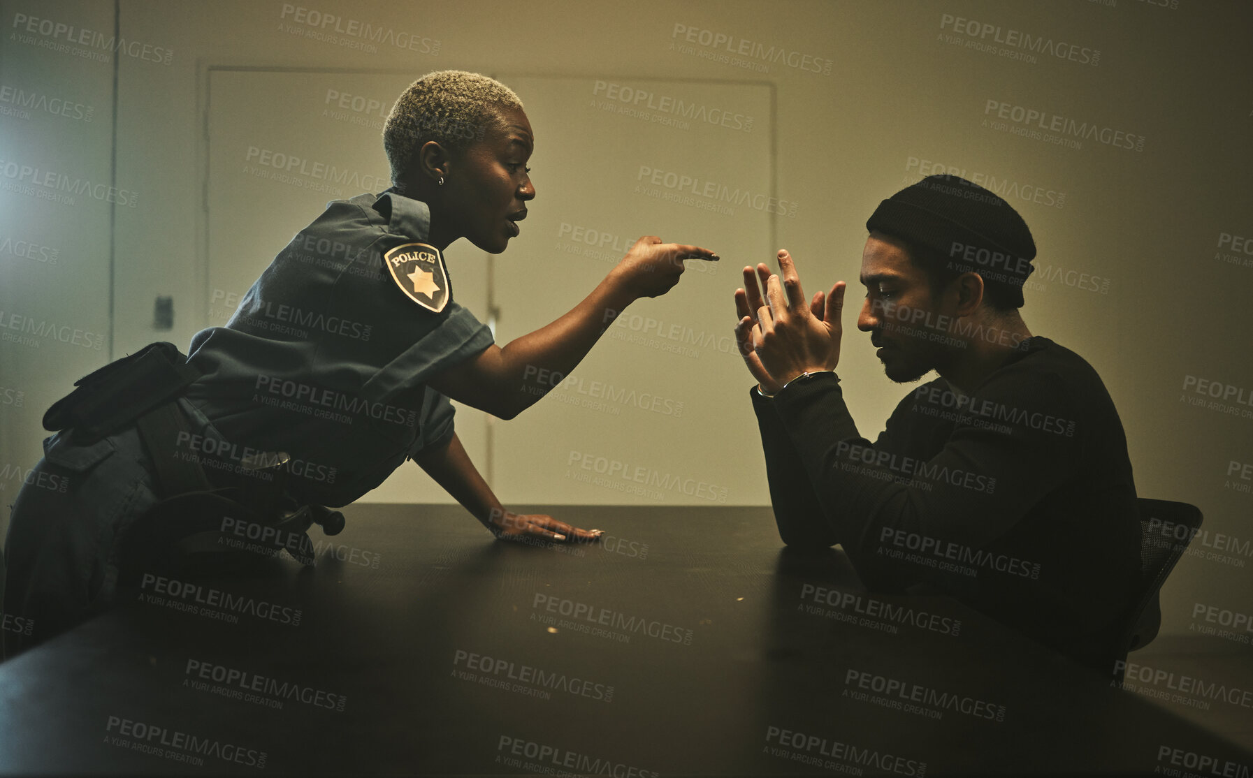 Buy stock photo Interrogation, criminal and police pointing in jail for threatening, violence and investigation in station. Arrested, handcuffs and officer with man burglar for stealing, crime and theft in prison