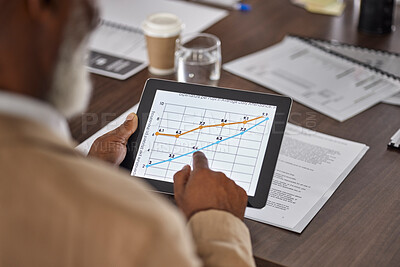 Buy stock photo Hand of man in meeting with tablet, charts and graphs, stats for sales report, data and information in office. Business growth, online statistics or performance review, analytics in profit research.