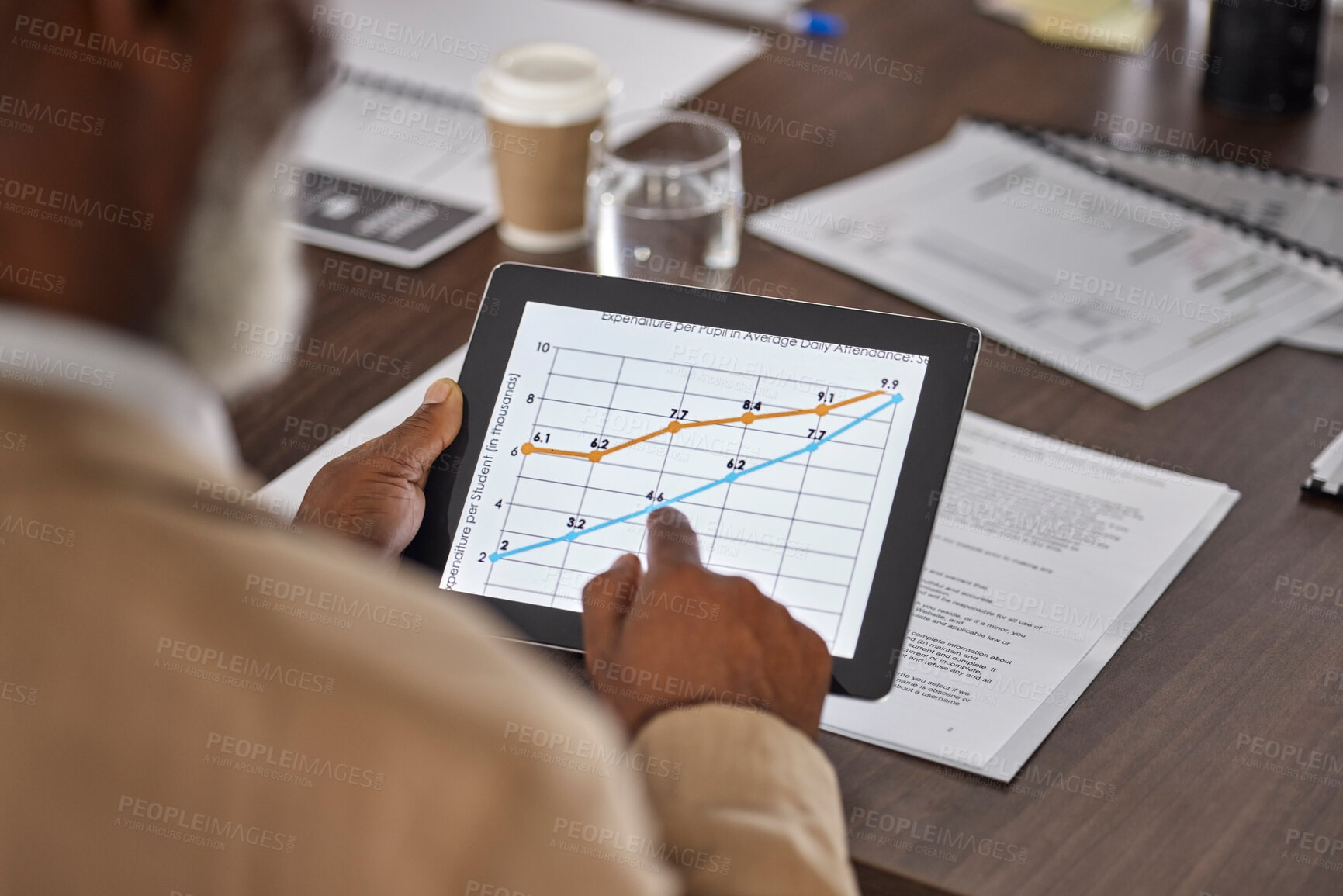 Buy stock photo Hand of man in meeting with tablet, charts and graphs, stats for sales report, data and information in office. Business growth, online statistics or performance review, analytics in profit research.