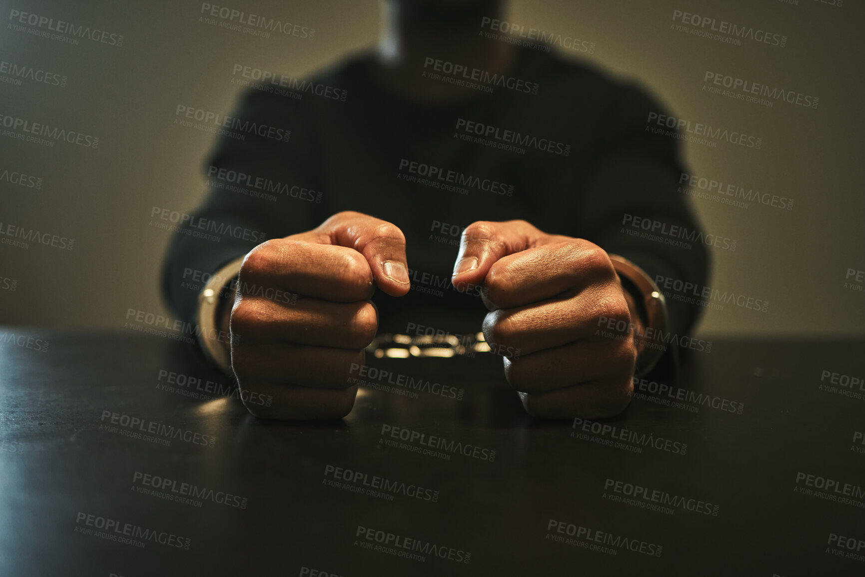 Buy stock photo Interrogation, jail and hands of criminal in handcuffs for interview, investigation and arrested in station. Security, law and closeup of man, burglar or thief for crime, stealing and theft in prison