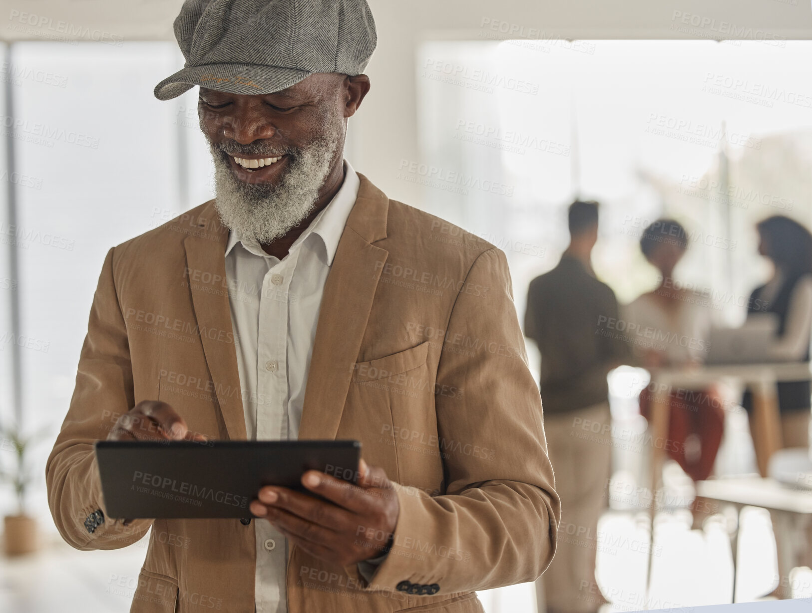 Buy stock photo Tablet, research and a senior business black man in the office for planning online against a blurred background. Technology, smile and networking with a happy mature corporate employee at work