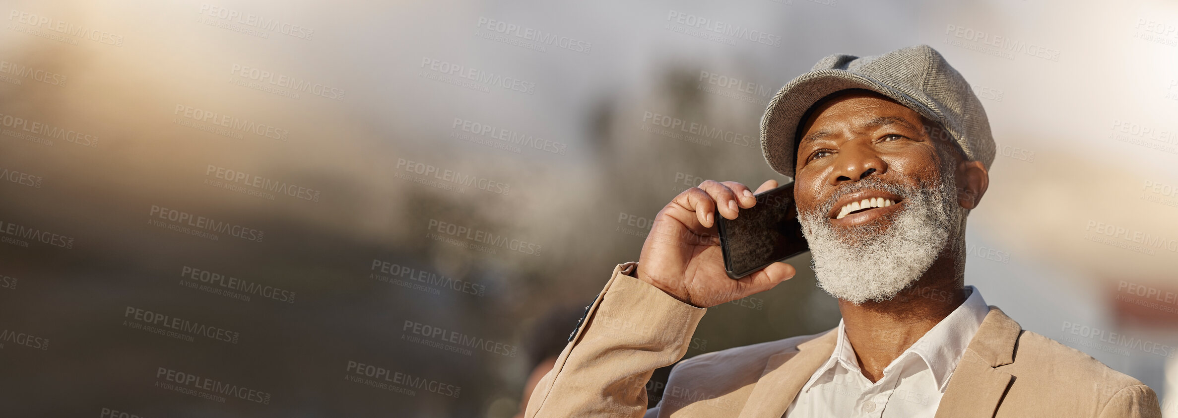 Buy stock photo Phone call, space and happy with black man in city for networking, communication and technology. Mockup, smile and banner with senior person talking in outdoors for contact, mobile and conversation
