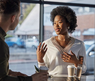 Buy stock photo Coffee, man or black woman in cafe for networking in conversation or discussion drinking espresso. Tea, chatting or business people speaking, meeting or talking on a break together for team building