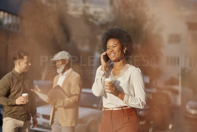 Buy stock photo Phone call, coffee and a business black woman in the city for communication on her morning commute. Mobile, contact and travel with a happy young female employee walking outdoor in an urban town