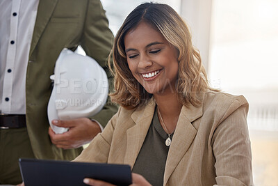 Buy stock photo Architecture, tablet and planning with woman in office for engineering, design and technology. Construction, checklist and building with employee and research for development, and project management 