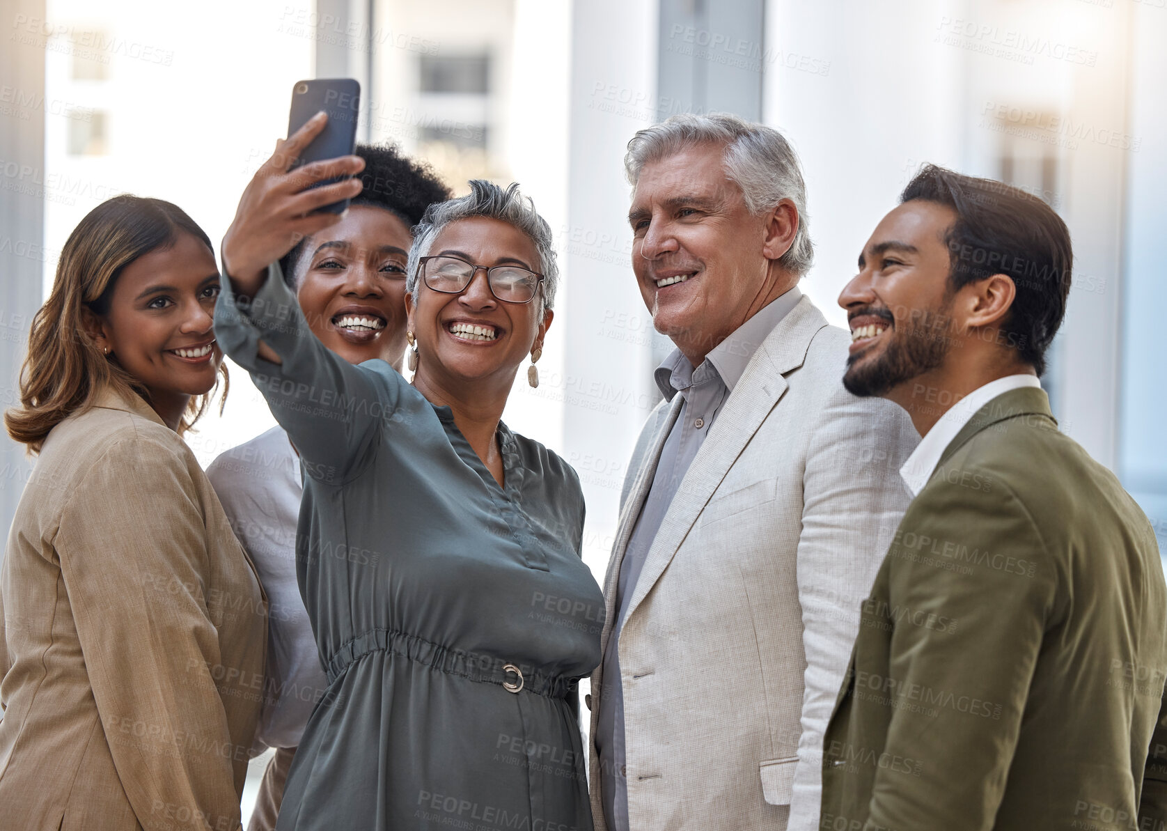 Buy stock photo Happy, business people and selfie in team building with smile for photo, memory or social media at office. Group of employees together for picture, vlog or about us in teamwork gathering at workplace