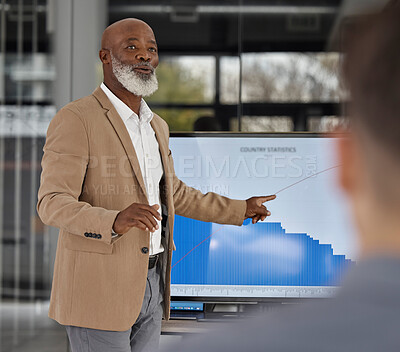 Buy stock photo Mentorship, black man teaching or business people in presentation for data report or financial analysis. Pointing, leader or senior manager in meeting with graphs stats on screen monitor in training