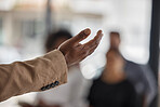 Hand, presentation and leadership with a coach in the boardroom teaching a a business team during a workshop. Management, training and a corporate boss talking to staff for education at a conference